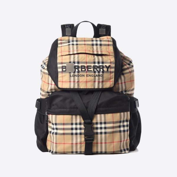 Burberry Nylon Vintage Check Logo Print Backpack Black Archive Beige 80147511