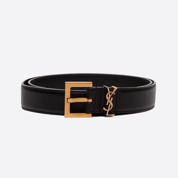 Saint Laurent Mono Alam Belt in Smooth Leather with Square Buckle in Black and Gold (3.0cm) 558088BOO0W1000