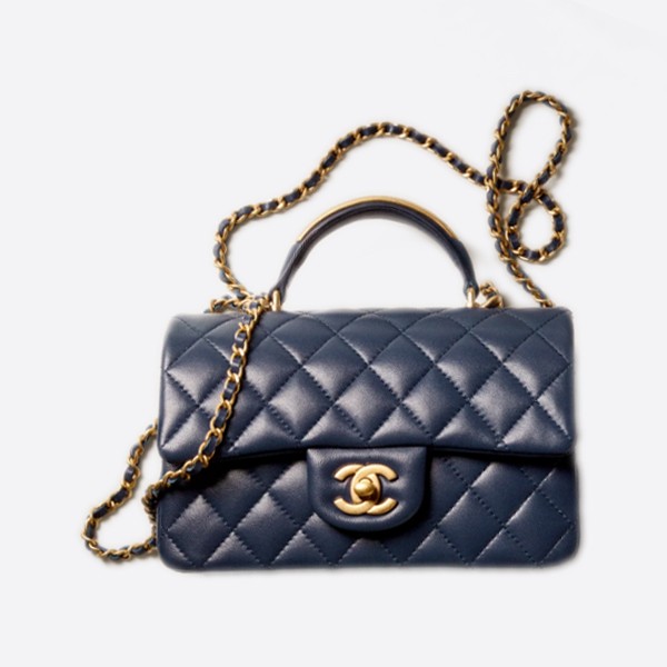 Chanel handle-decorated mini flap, gold metal, navy blue AS2431 B08846 NJ532
