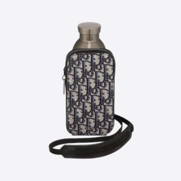 Dior AQUA Bottle & Shoulder Strap Bottle Holder & Cell Phone Holder in Beige & Black Oblique Jacquard, Black Grained Calf Leather, and Stainless Steel (Product Code: 2ESKH314YKY_H27E)