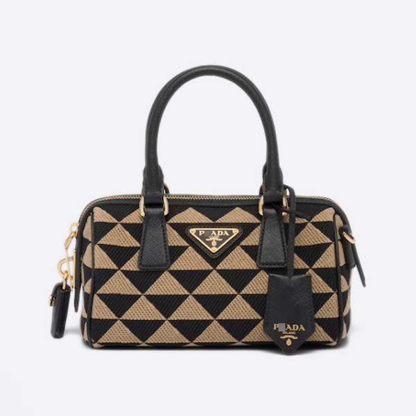 Prada Embroidered Top Handle Bag, Black/Beige, 1BB846