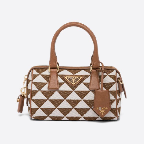 Prada Embroidered Top Handle Bag in Tobacco/Chalk White, 1BB846