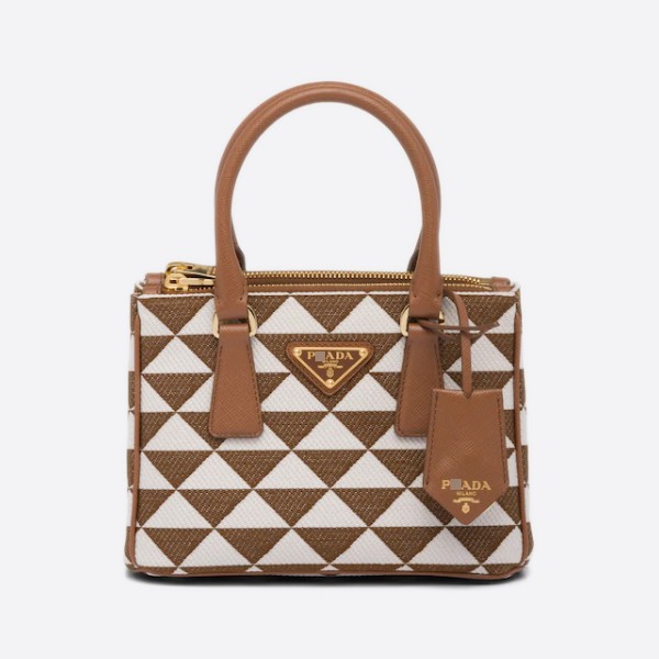 Prada Minibolso Prada Galleria de Jacquard Bordado, Tobacco/Chalk White, 1BA906