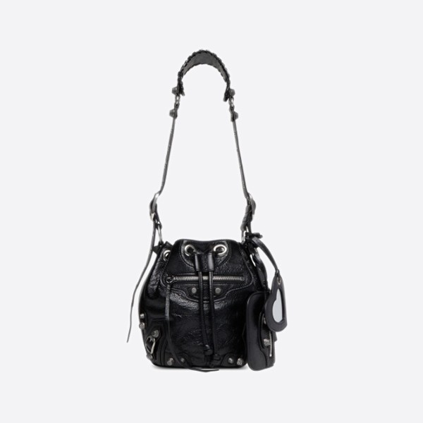 Balenciaga XS Bucket Bag in Black Arena Lambskin with Silver Hardware 7024311VG9Y1000