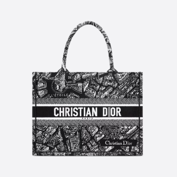 Dior BOOK TOTE Medium Bag Black & White with Plan de Paris Embroidery M1296ZOMP_M993