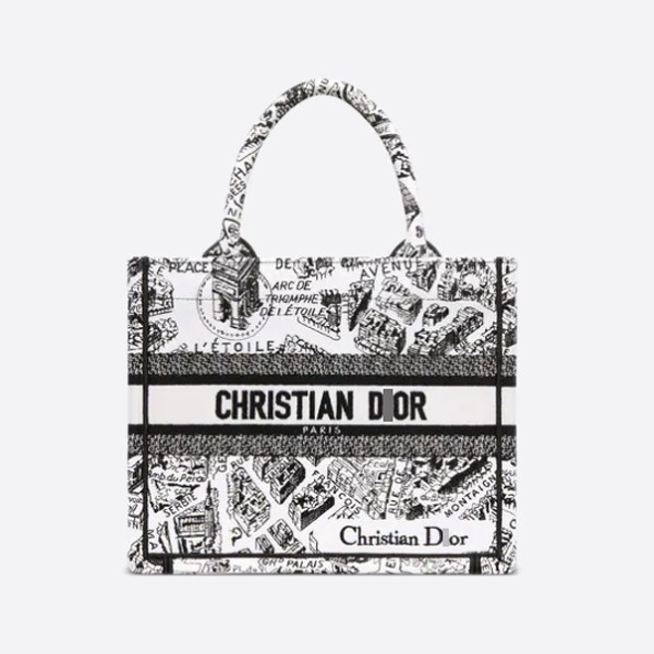Dior BOOK TOTE Small Bag White & Black with Plan de Paris Embroidery M1265ZOMP_M041