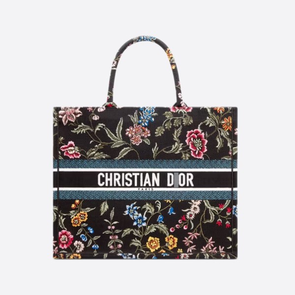 Dior BOOK TOTE Large Bag in Black Multicolor with Petites Fleurs Embroidery, M1286ZEAU_M911