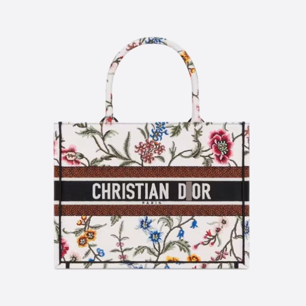 Dior BOOK TOTE Medium Bag in White Multicolor with Petites Fleurs Embroidery, M1296ZEAU_M933