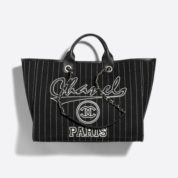 Chanel Large Shopping Bag in Cotton, Calfskin & Silver-Tone Metal, Black and White, A66941, B10404, NN102