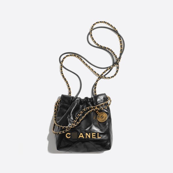 Chanel 22 Mini Solder Bar in Gloss Cuffskin and Gold Metal, Black AS3980 B08037 94305
