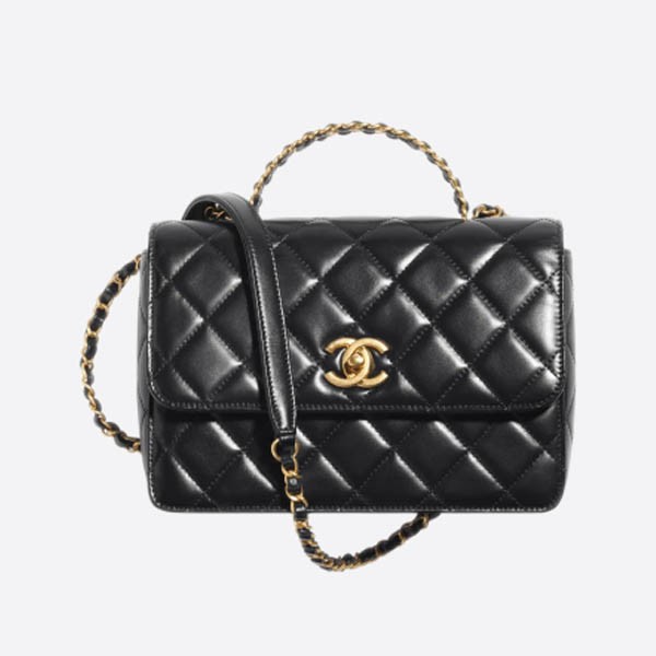 Small flap back with Chanel handle decoration, shiny cuffskin and gold metal black
