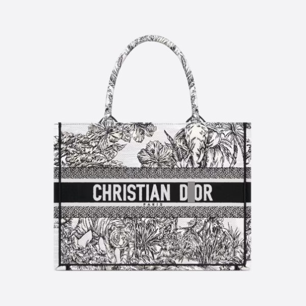 BOOK TOTE Medium Bag, White & Black, Toile de Jouy Voyage Embroidery, M1296ZEUP_M041