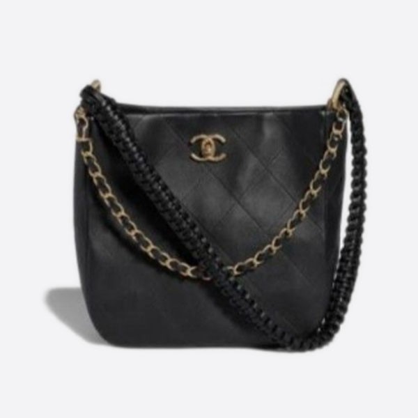 Hobo handbag in calfskin and gold-tone metal, black