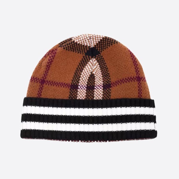 Dark birch brown check and stripe cashmere beanie 8049580
