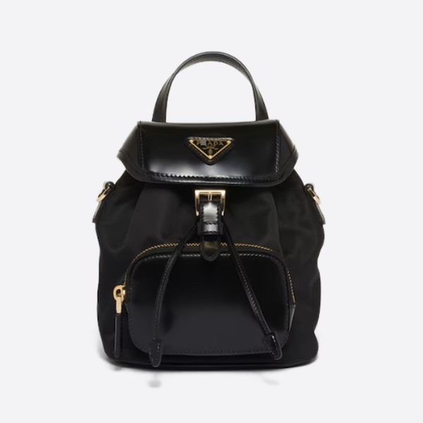 Re-nylon and brushed leather backpack, color - black, 1BZ075