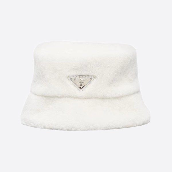Prada Triangle Logo Shearling Bucket Hat, White, 1HC1372EC9 F0009