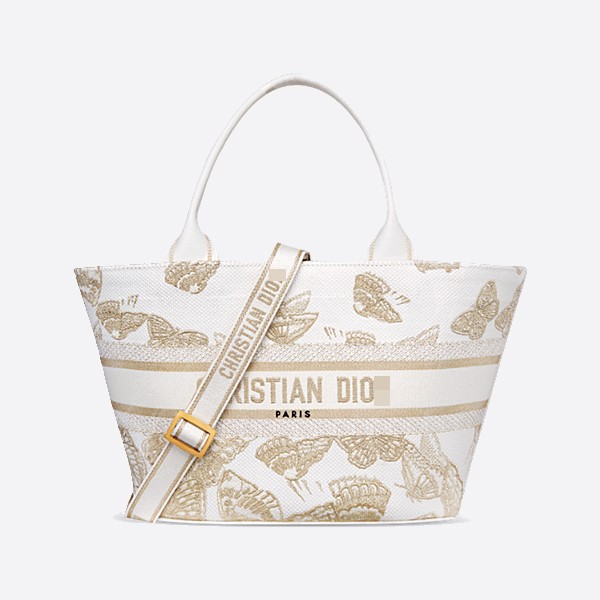 Dior Hat Basket Bag in White and Gold Tone with Gradient Butterfly Embroidery, M1328CECH_M01E