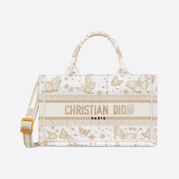 Mini Dior Book Tote with Strap, Gold Tone & White Butterfly Zodiac Embroidery, S5573CESU_M01E