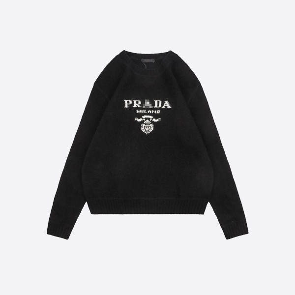 Prada Intarsia Logo Knit Crew Neck Sweater in Black