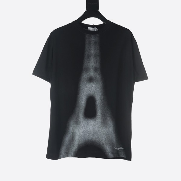 Dior T-shirt in black and white cotton and linen jersey with an Eiffel Tower motif