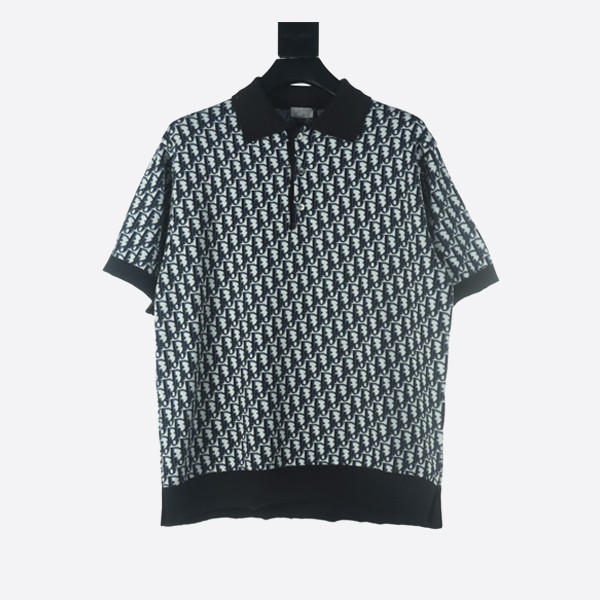 Dior Oblique Polo Shirt in Beige, Blue, and Black Cotton Jacquard