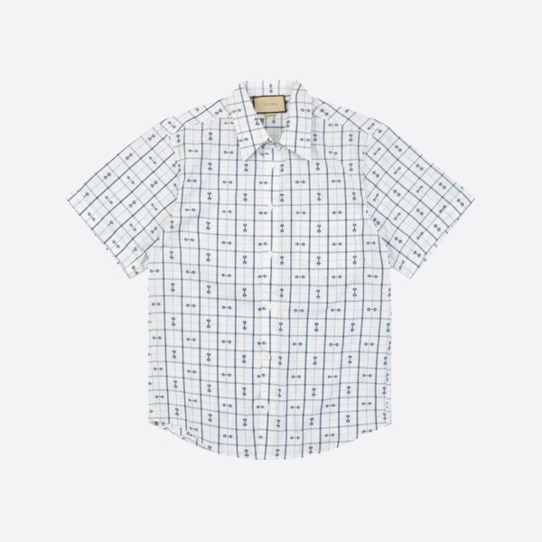 Gucci Horsebit Print Cotton Shirt in Ivory and Blue