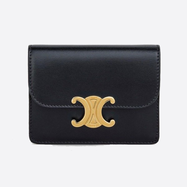 Celine Triomphe Card Holder with Flap in Shiny Calfskin - Black 10I583DPV.38NO