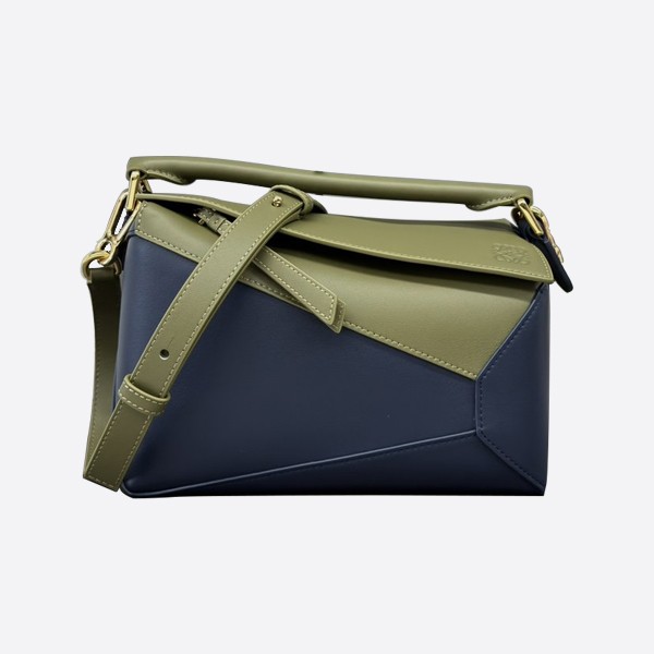 Loewe Small Puzzle Bag in Classic Calfskin, Olive/Abyss Blue, A510P60X44