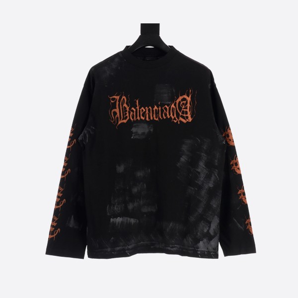 Balenciaga Mud-dyed Distressed Metal Sanskrit Long Sleeve T-Shirt