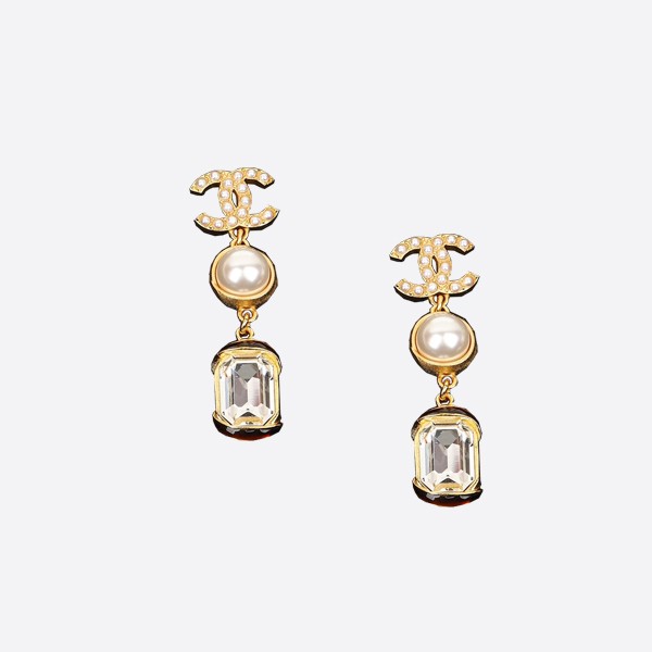 Chanel Coco Mark C22A Earrings (for both ears) GP x Rhinestone x Fake Pearl Gold