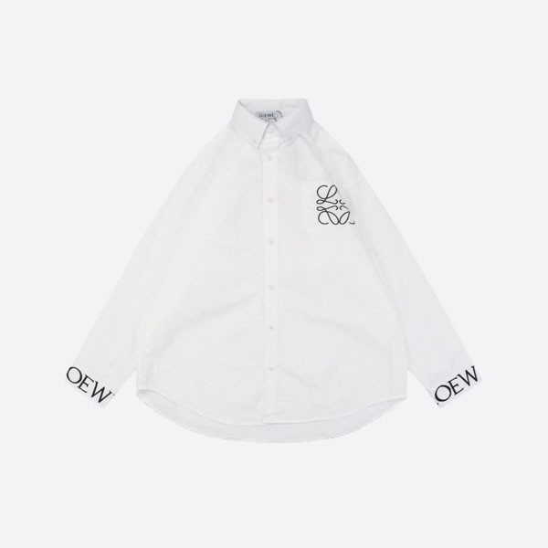 Loewe white long-sleeved shirt with floral logo embroidery on the pocket
