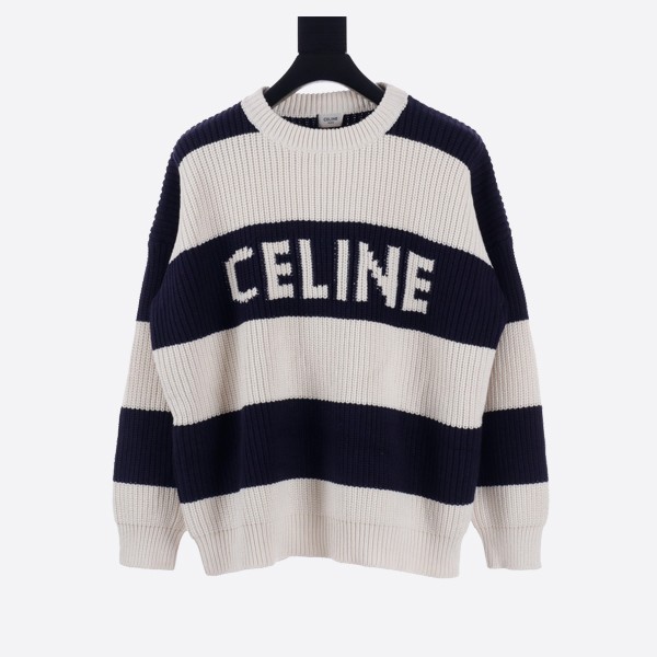 Celine Black and White Thick Striped Letter Crew Neck Sweater