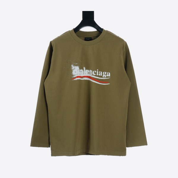 Balenciaga Blurred Coke Print Washed Ripped Long Sleeve T-Shirt Green Brown