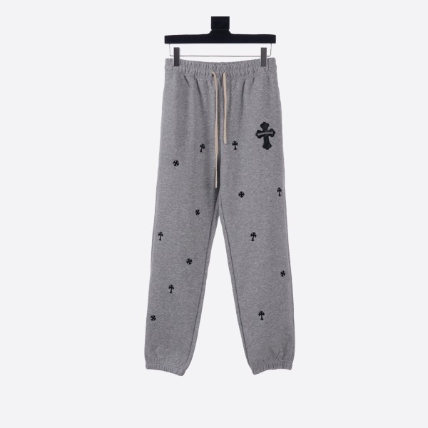 Chrome Hearts Pressed Leather Cross Embroidered Cotton Pants in Gray