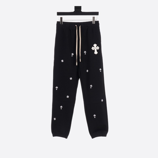 Chrome Hearts Pressed Leather Cross Embroidered Cotton Pants in Black