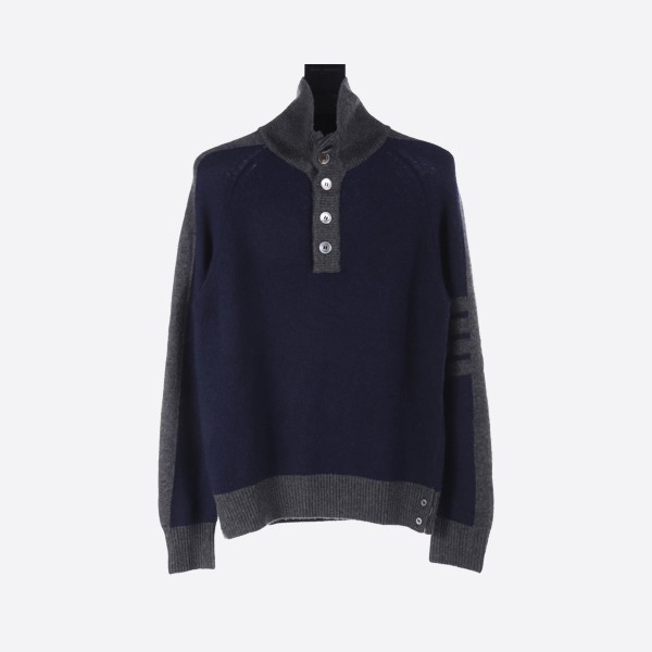 Thom Browne Navy and Gray Colorblock Wool Lapel Sweater