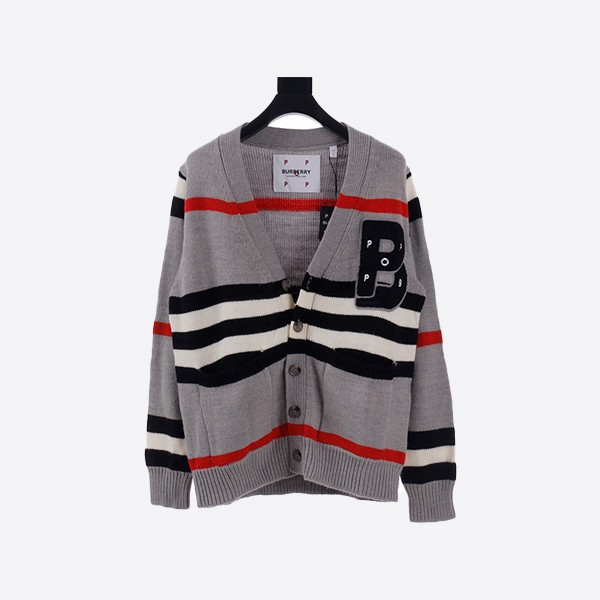 Burberry BBR 22FW joint intarsia gray striped wool cardigan