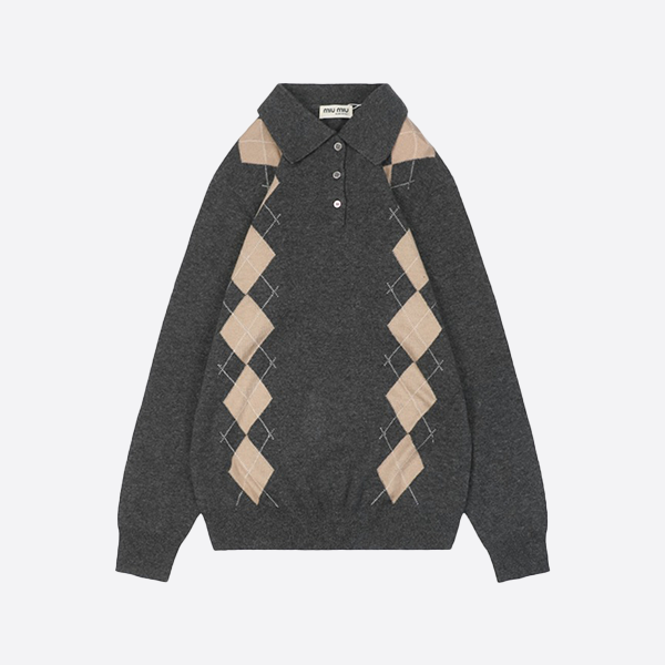 Miu Miu 24FW Diamond Intarsia Cashmere Polo Sweater