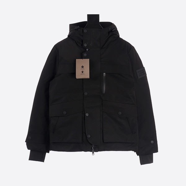 Burberry hooded down jacket in black with embossed logo on chest and back