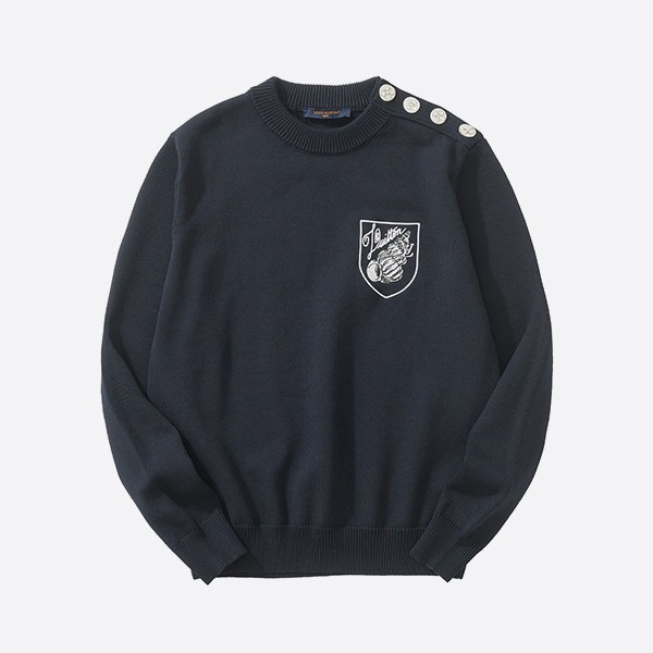 Louis Vuitton embroidered round neck cotton blend navy blue