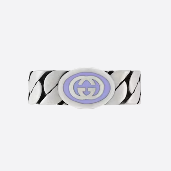 Gucci 925 Sterling Silver Interlocking Double G Light Purple Enamel Ring 701612J84105200