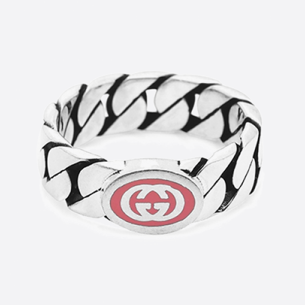 Gucci 925 Sterling Silver Interlocking Double G Pink Enamel Ring YBC701612002