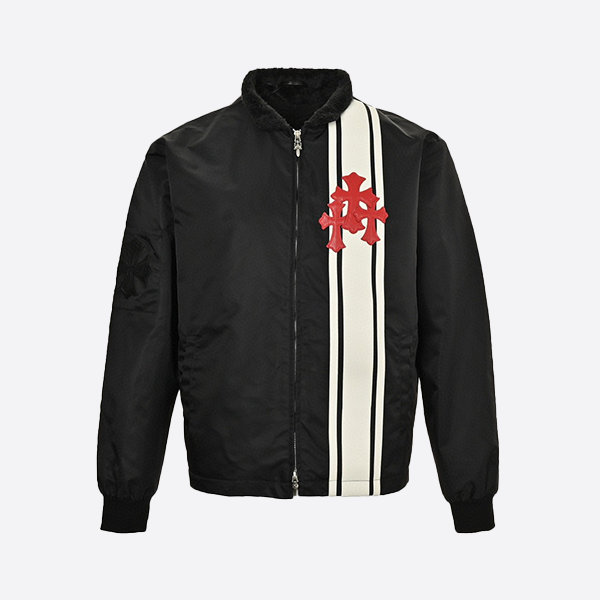 Chrome Hearts Red Cross Leather Label Black and White Stitching Velvet Zipper Jacket