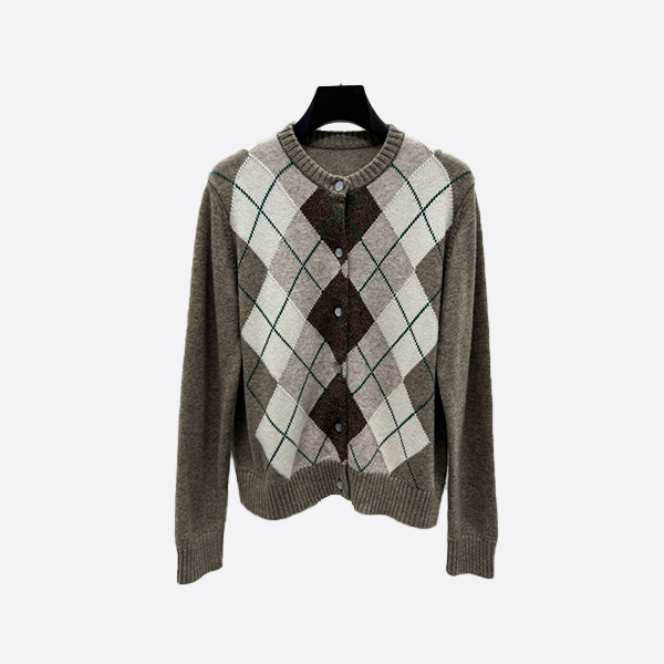 Celine Argyle Check Knit Long Sleeve Cardigan
