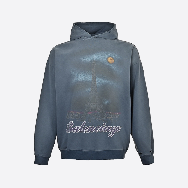 Balenciaga Eiffel Tower Inkjet Graffiti Washed Distressed Hooded Sweatshirt