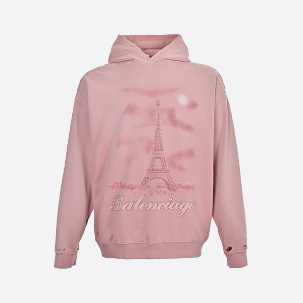 Balenciaga Eiffel Tower Inkjet Graffiti Washed Distressed Hooded Sweatshirt