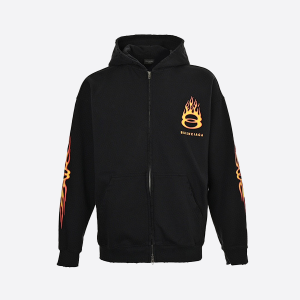 Balenciaga Double Ring Flame Digital Direct Injection Washed Hooded Zipper Jacket