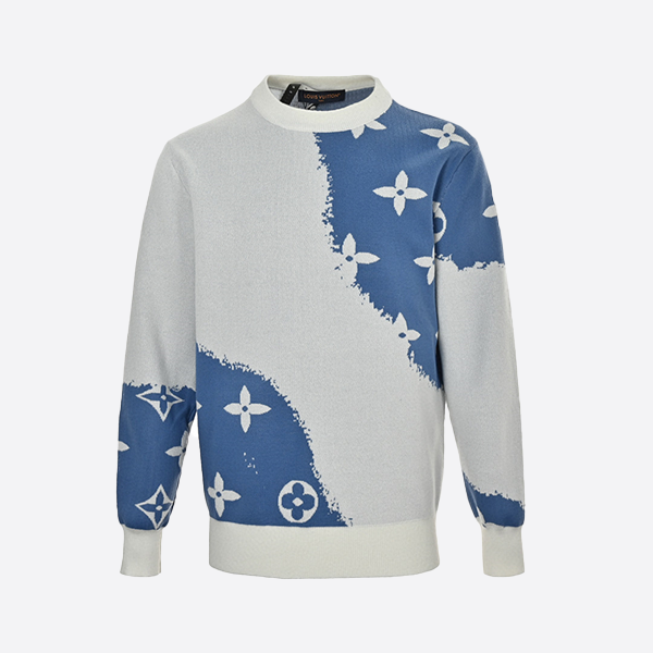 Louis Vuitton Blue and White Contrast Classic Monogram Knit Pullover Sweater