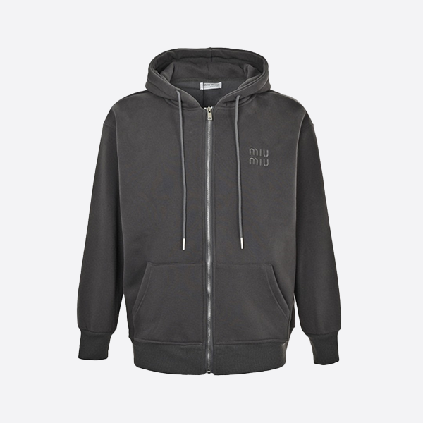 Miu Miu 24FW Embroidered Logo Fleece Zip-Up Jacket in Gray