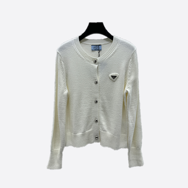 Prada Triangle Logo Round Neck Long Sleeve Cardigan in White